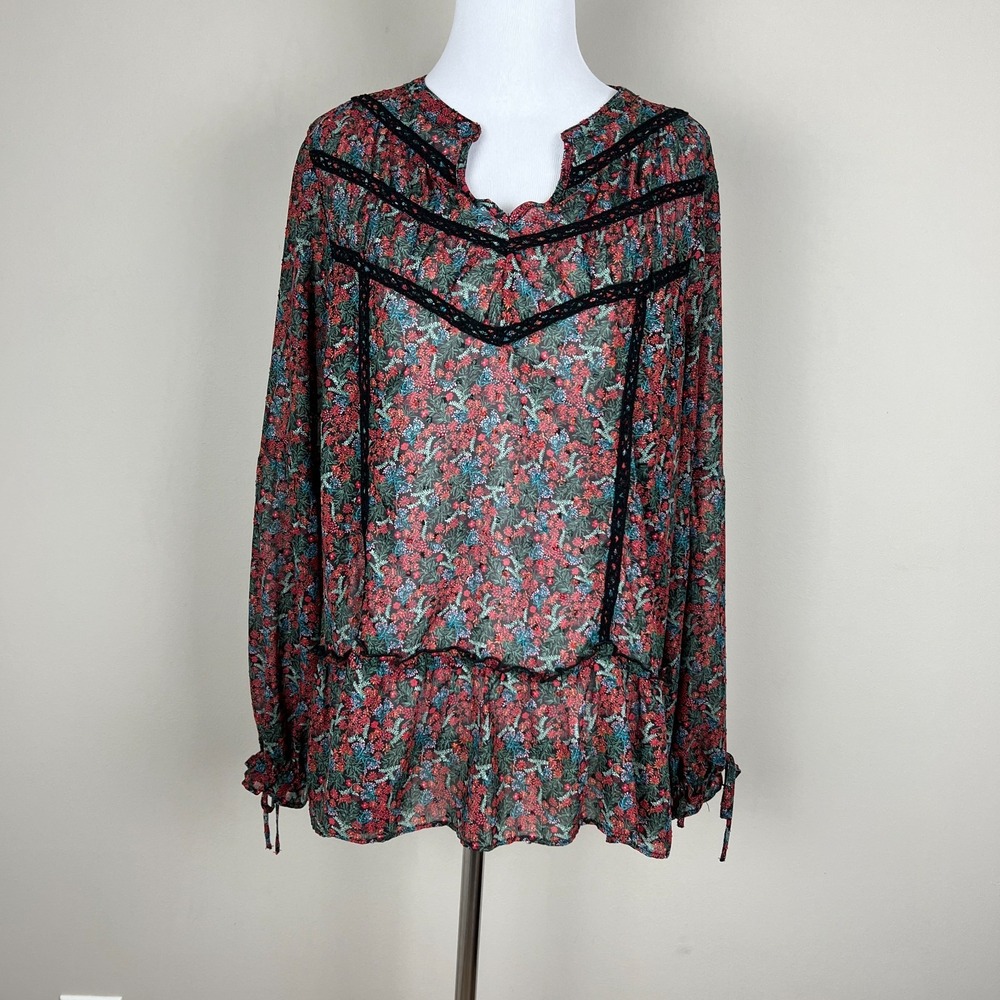 Matilda Jane Top Women Large Dark Floral Sheer Boho Bohemian Peasant Cottagecore